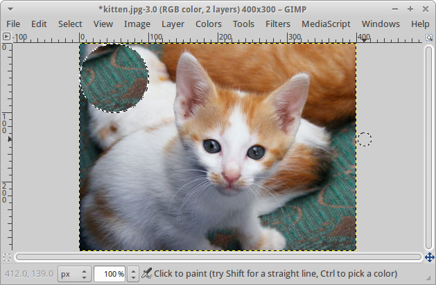 A GIMP window with a 400x300 image of a kitten. A circular region in the upper-left-hand corner is selected and appears to contain the green carpet that was previously copied.