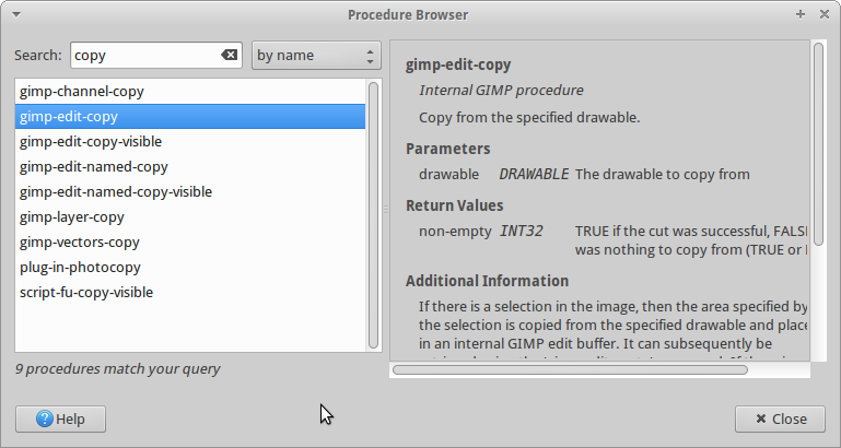 A window showing the procedure browser. The search bar includes the word "copy". Nine procedure names are listed. The procedure gimp-edit-copy is highlighted.