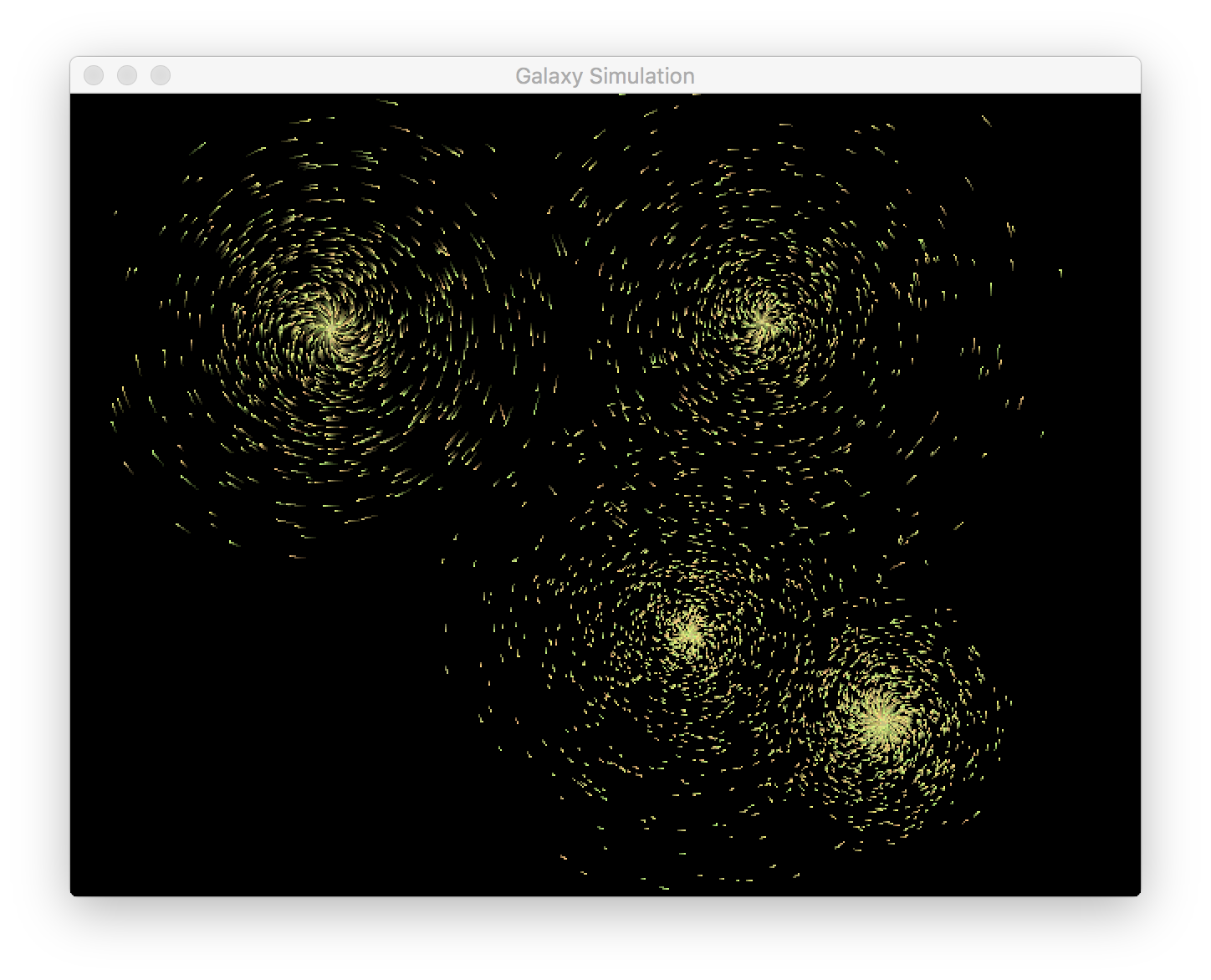 A galaxy simulation with a few randomly-placed galaxies.