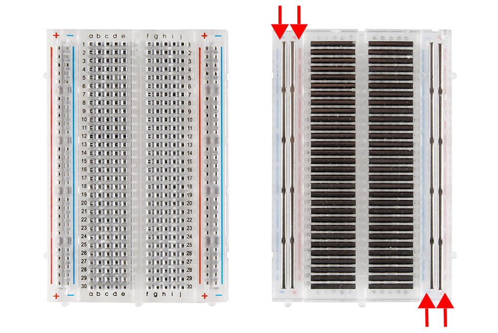 Photo of front and back of a breadboard
