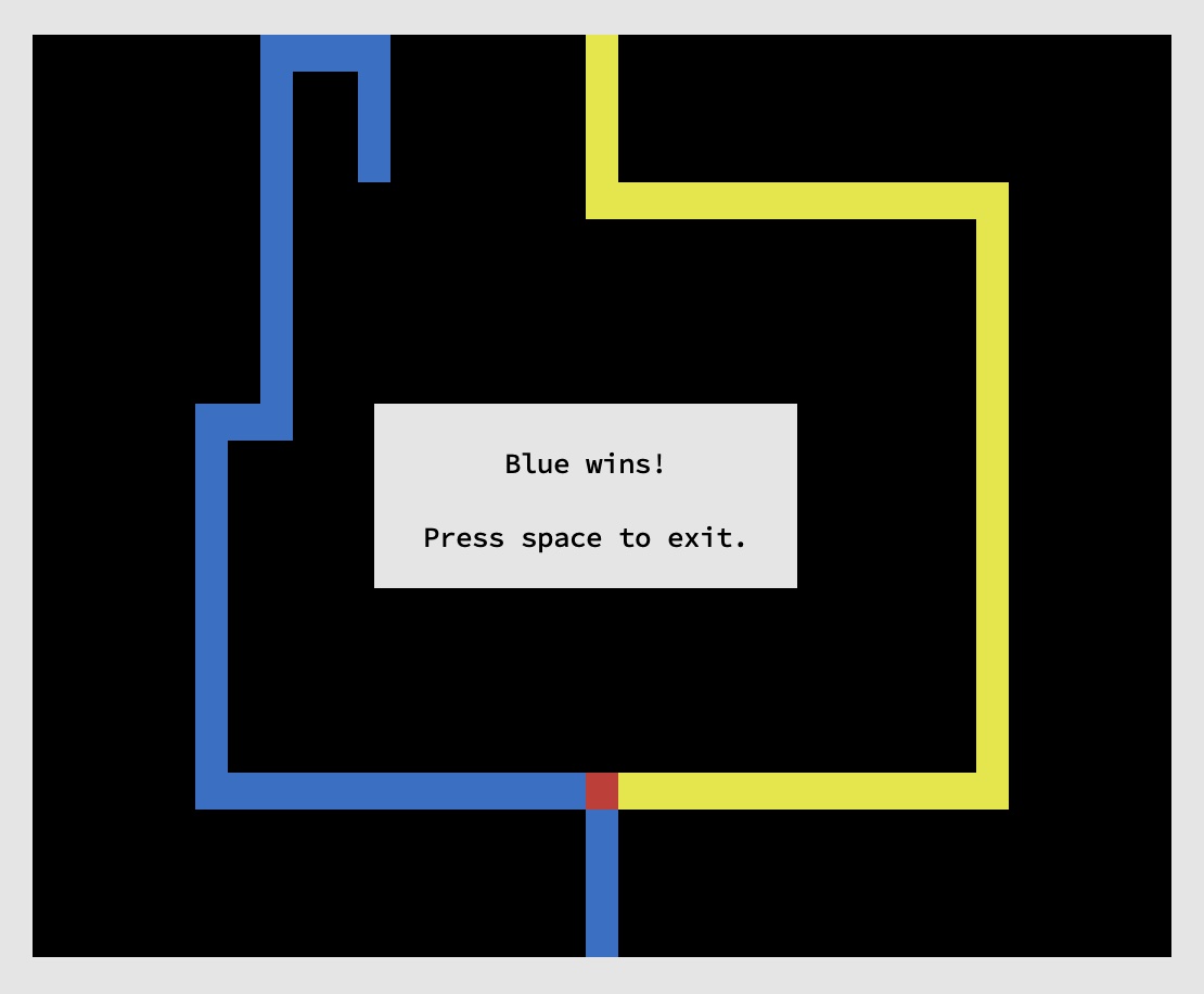 A lightcycle game that blue won because yellow crashed first