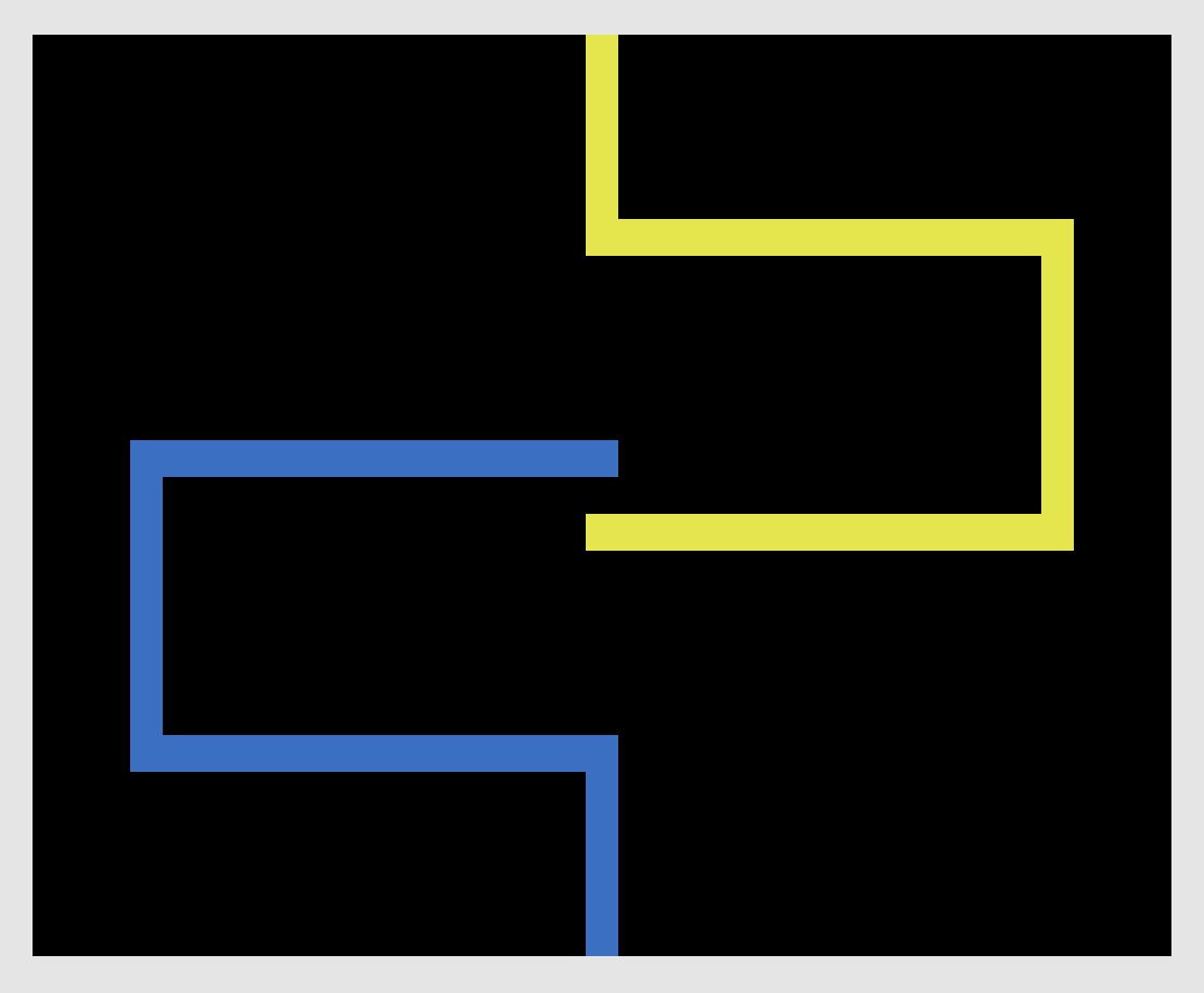 A typical game of lightcycle showing blue and yellow trails where the two players have moved