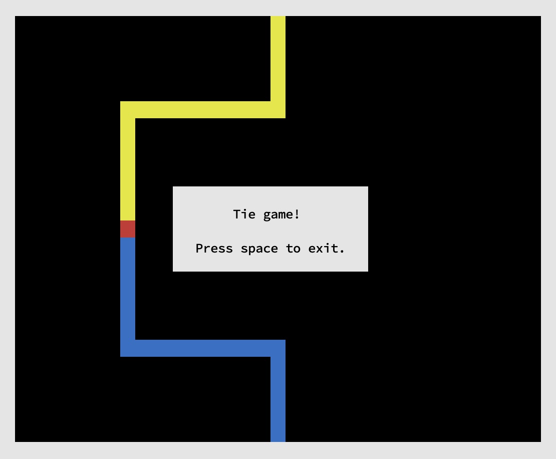 A lightcycle game that ended in a tie because both players crashed at the same time
