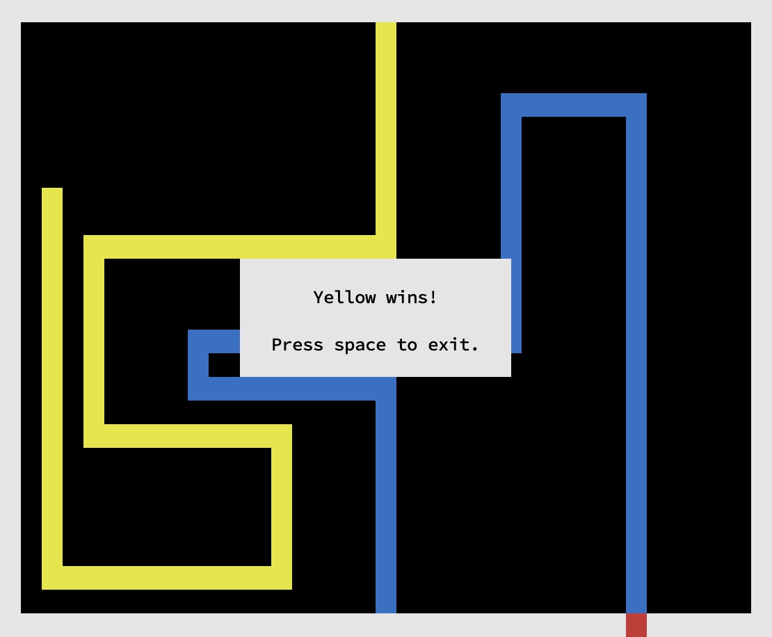 A lightcycle game that yellow won because blue crashed first