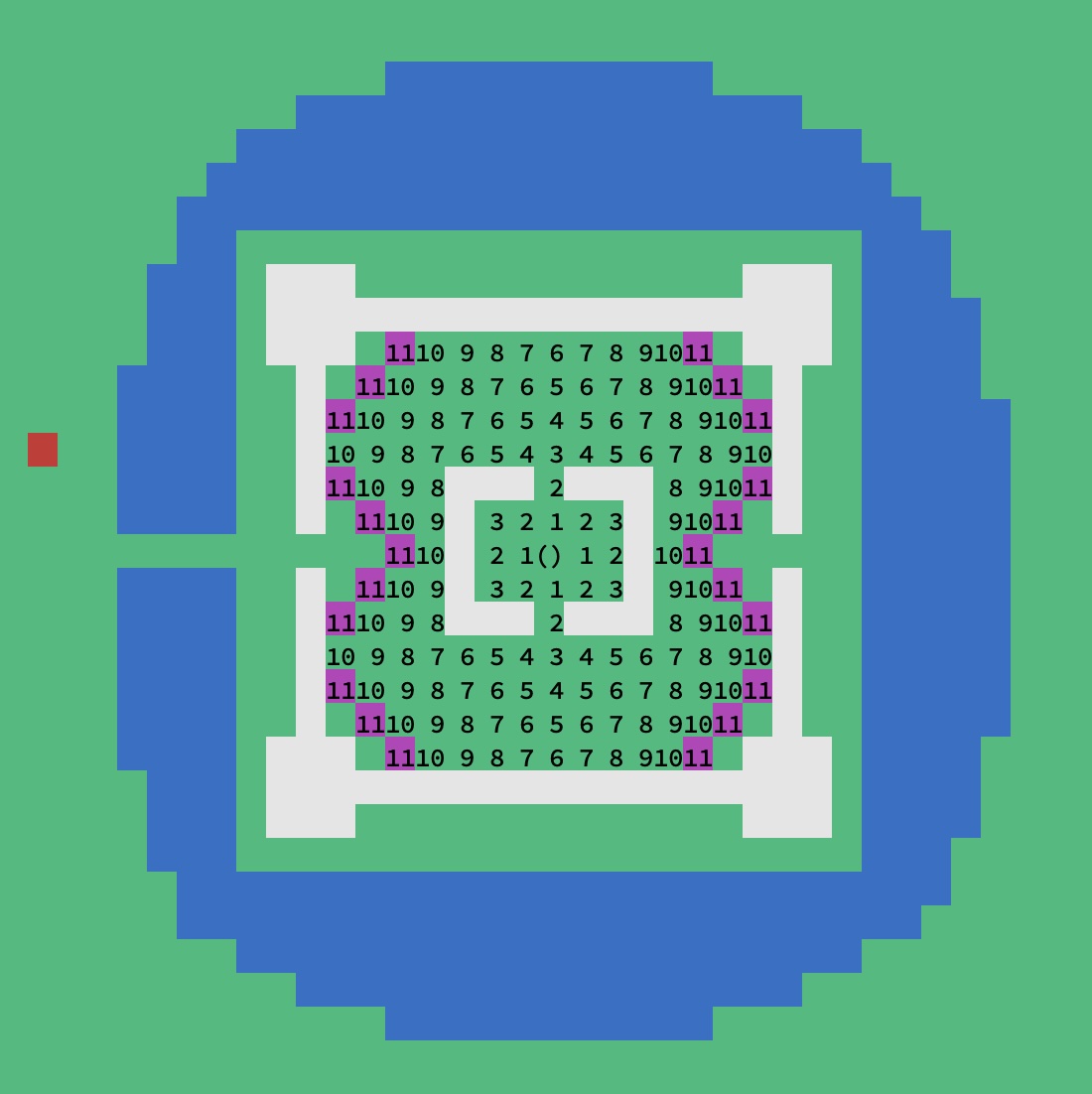 Map output with distances to all cells within 11 steps of the starting point