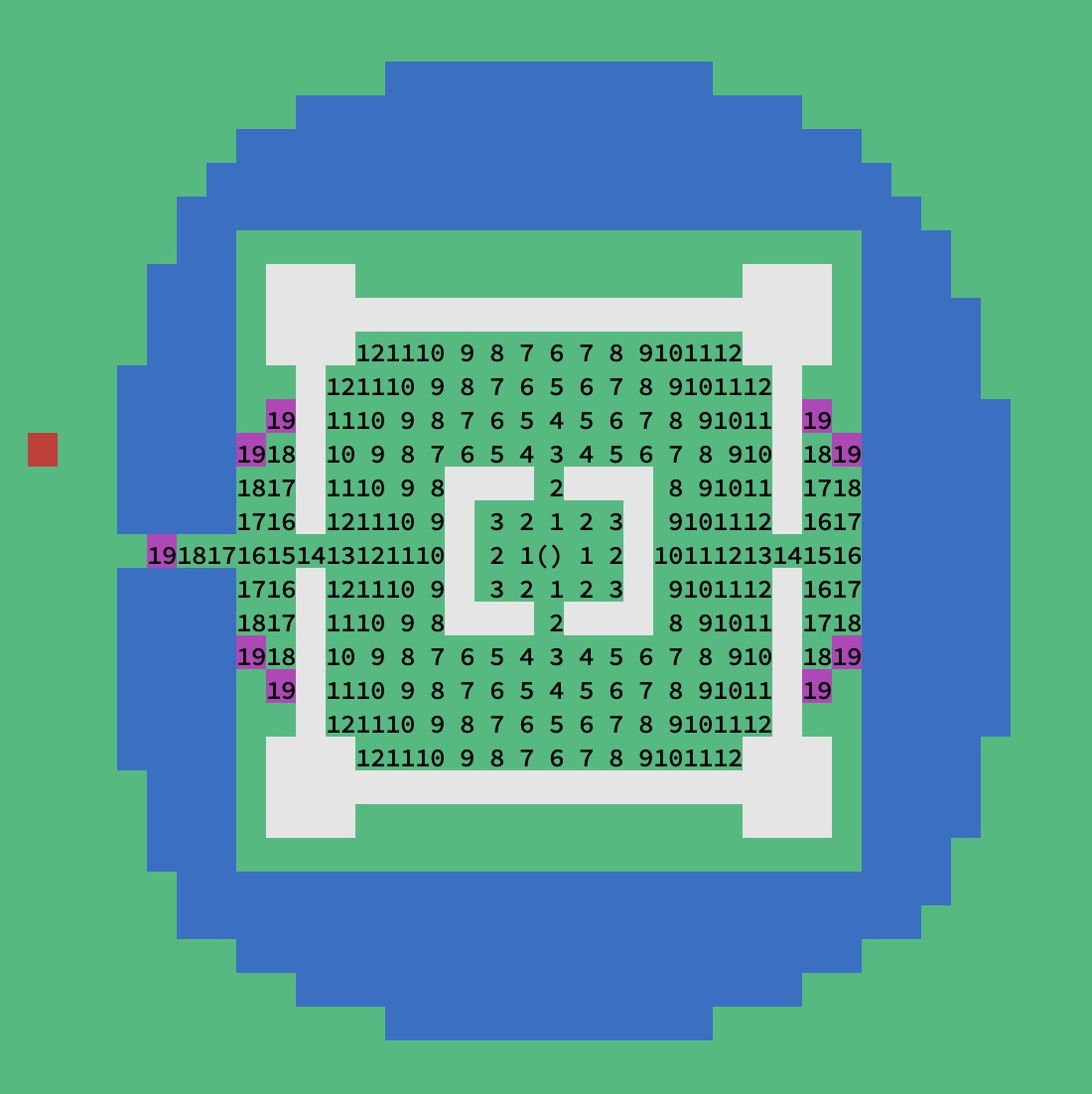 Map output with distances to all cells within 19 steps of the starting point
