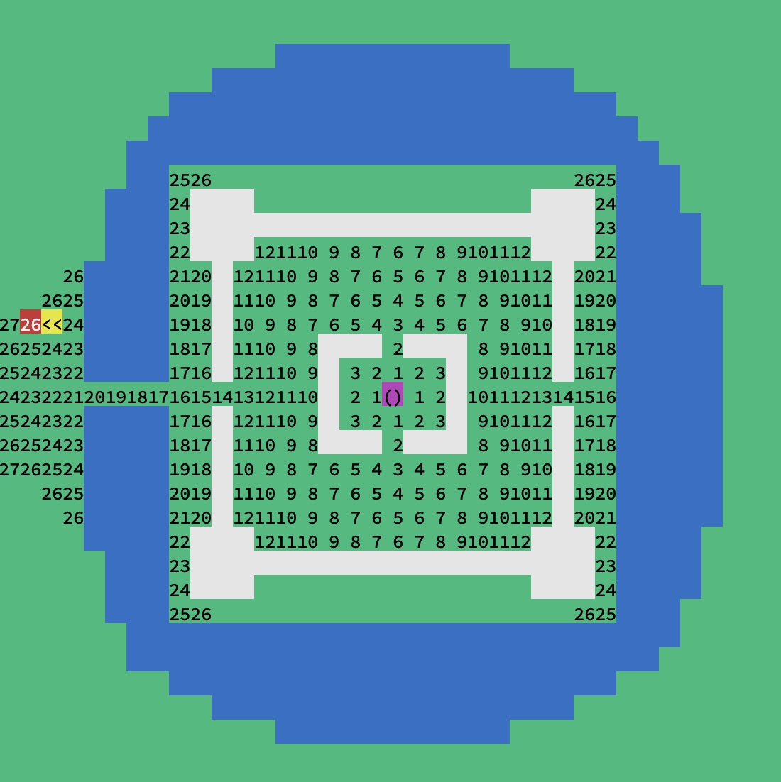Map output showing the last move along the shortest path to the destination, plus distances from the start location