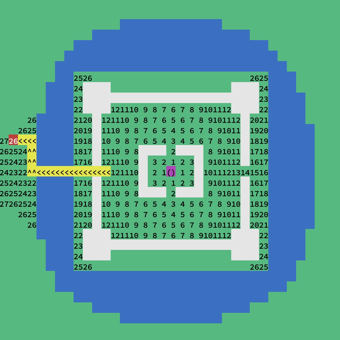 Map output showing the second half of the moves along the shortest path to the destination, plus distances from the start location